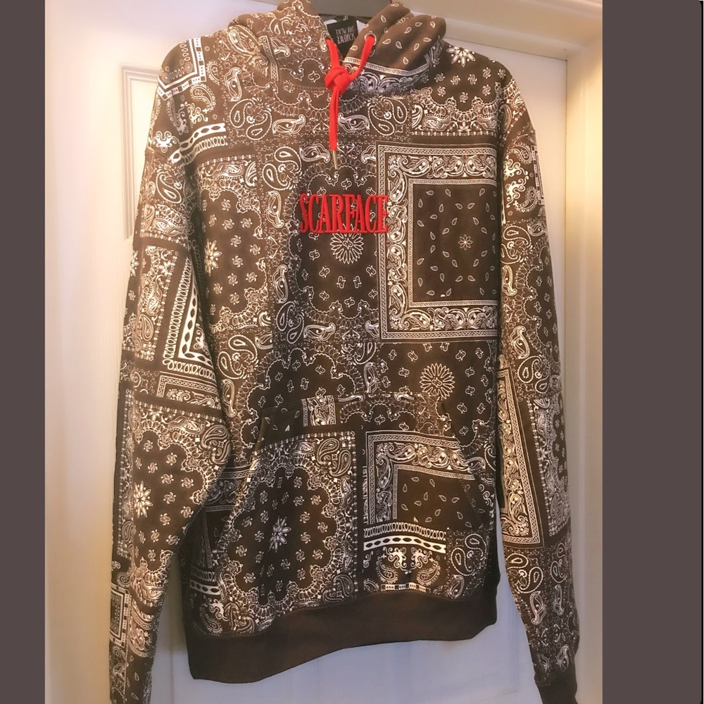 NWT, “Scarface” by JM S Palace, Pullover Hoodie Brown & Red, Bandana Print, Lrg